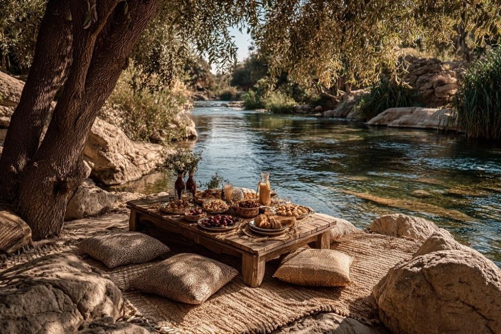 Un coin de pique-nique apaisant au bord de la rivière avec des plats typiques à déguster pour les voyageurs explorant la route.