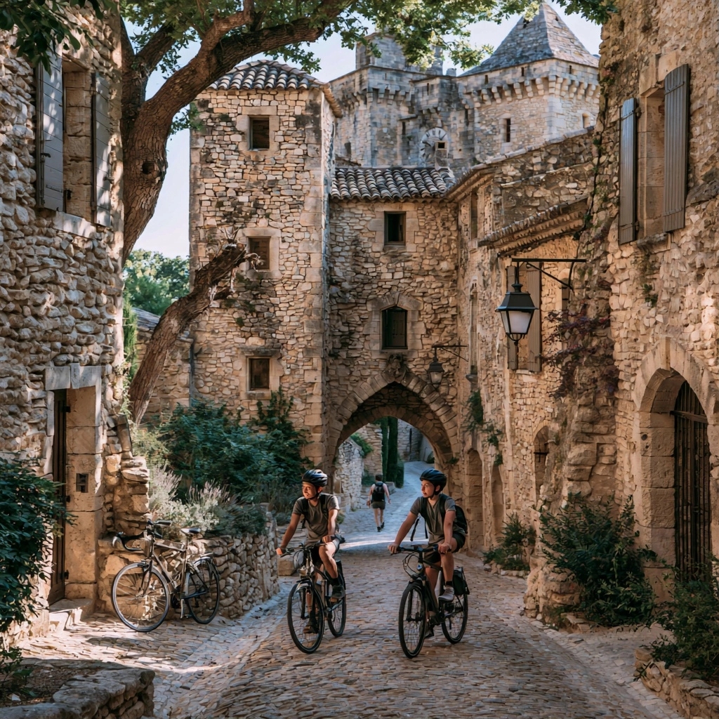 Patrimoine historique de Lacoste et Bonnieux à vélo : châteaux, ruelles et points de vue — Le vélo pour visiter le village médiéval de vaucluse : lacoste et bonnieux